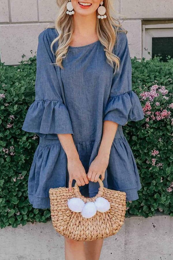 Loose Denim Round-neck Pleated Flared-sleeve Dress