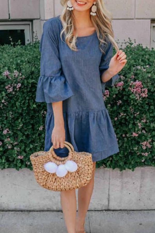 Loose Denim Round-neck Pleated Flared-sleeve Dress