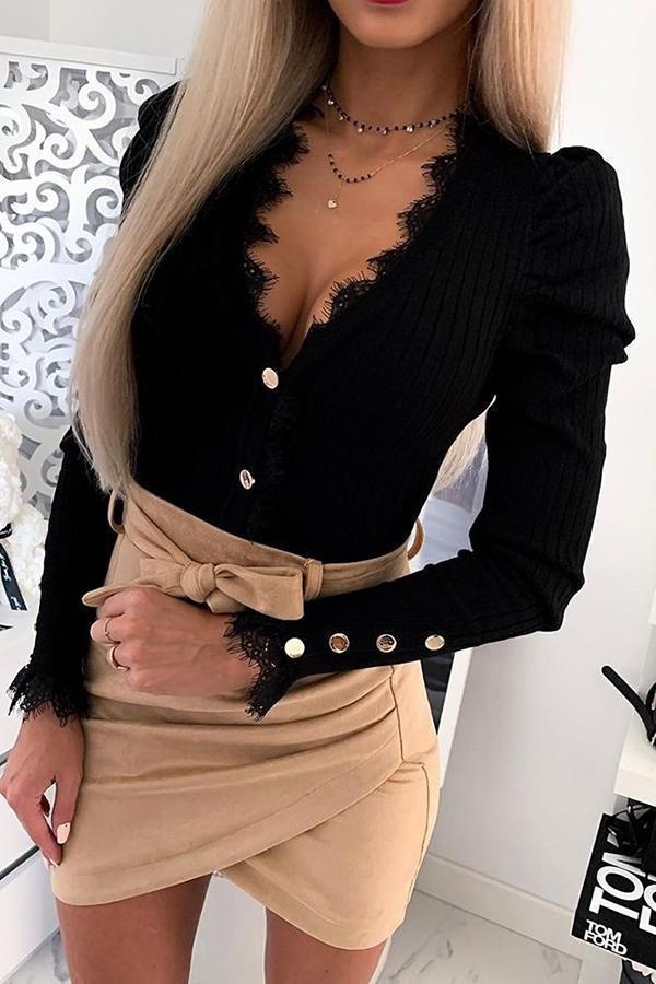 Sexy V-neck Low-cut Lace Long-sleeved T-shirt