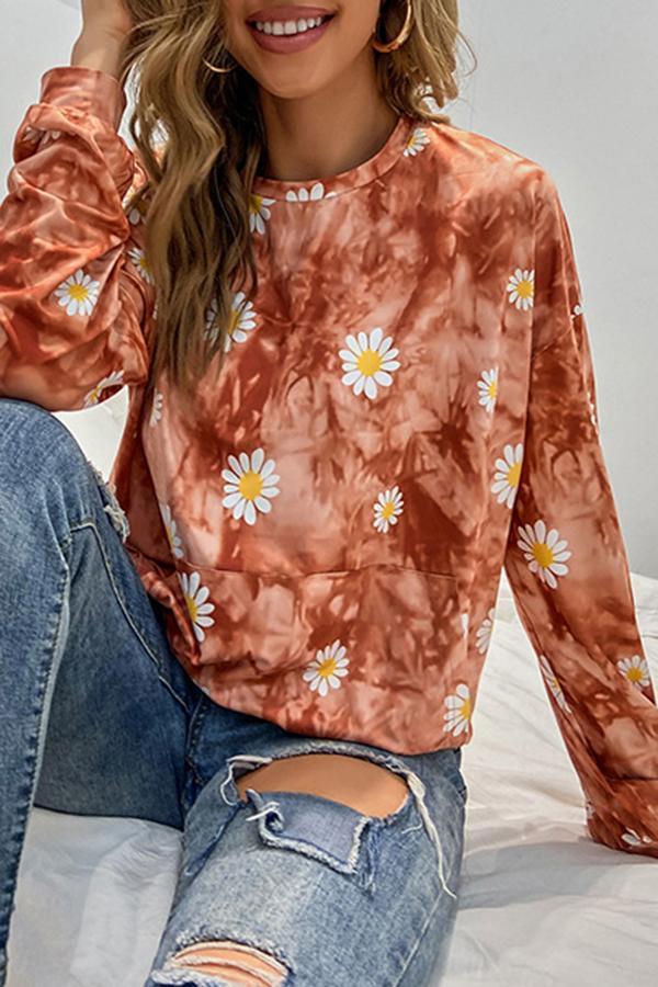 Casual Daisy Tie-dye Round-neck Long-sleeve Sweater