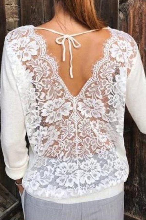 Sexy Lace Stitching Open-back Mesh T-shirt