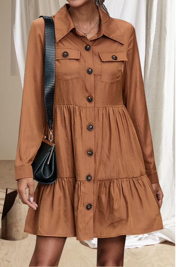 Fashion Simple Double-pockets Buttoned Shirt Dress