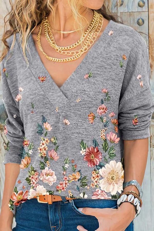 Fashion New V-neck Long-sleeve Printed T-shirt