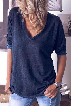 New women's Long-sleeved V-neck Loose T-shirt