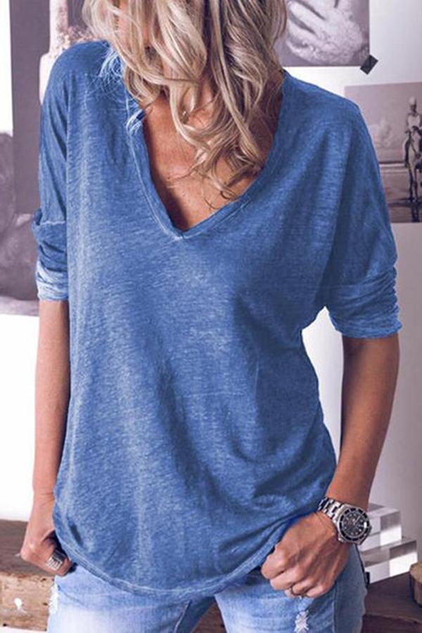 New women's Long-sleeved V-neck Loose T-shirt