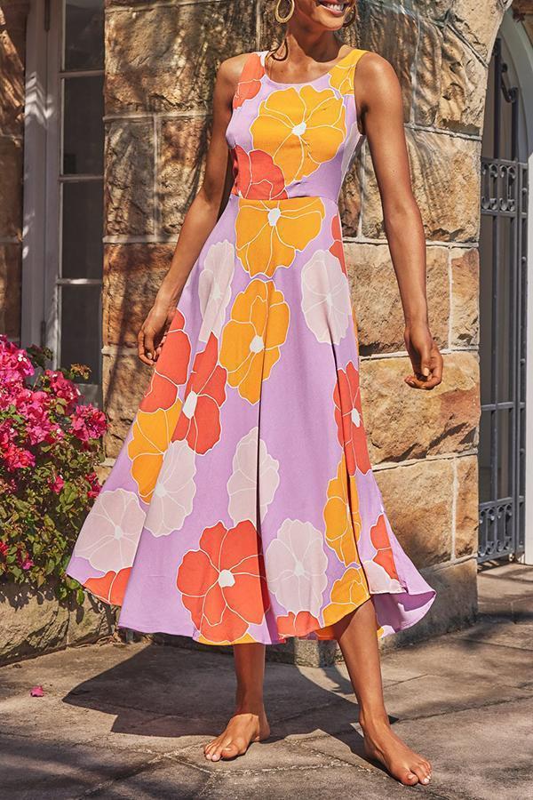 Smart Big Flower Print Sleeveless Beach Dress