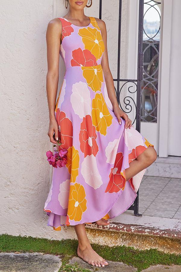 Smart Big Flower Print Sleeveless Beach Dress