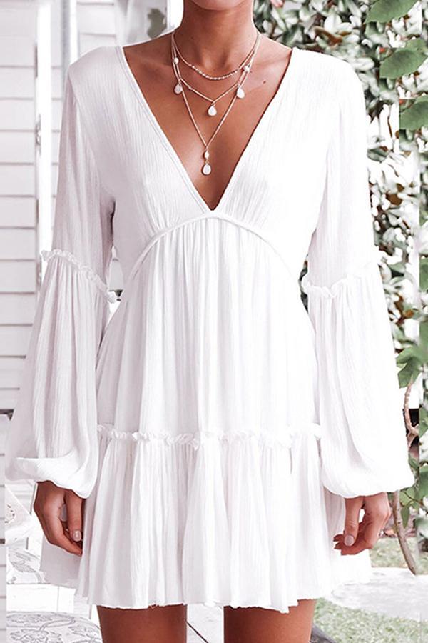 Stylish Trendy Backless Lantern Sleeves Deep V Neck Dress