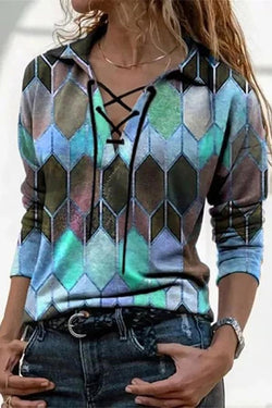 Casual Geometric Print Cross Belt V Neck Top