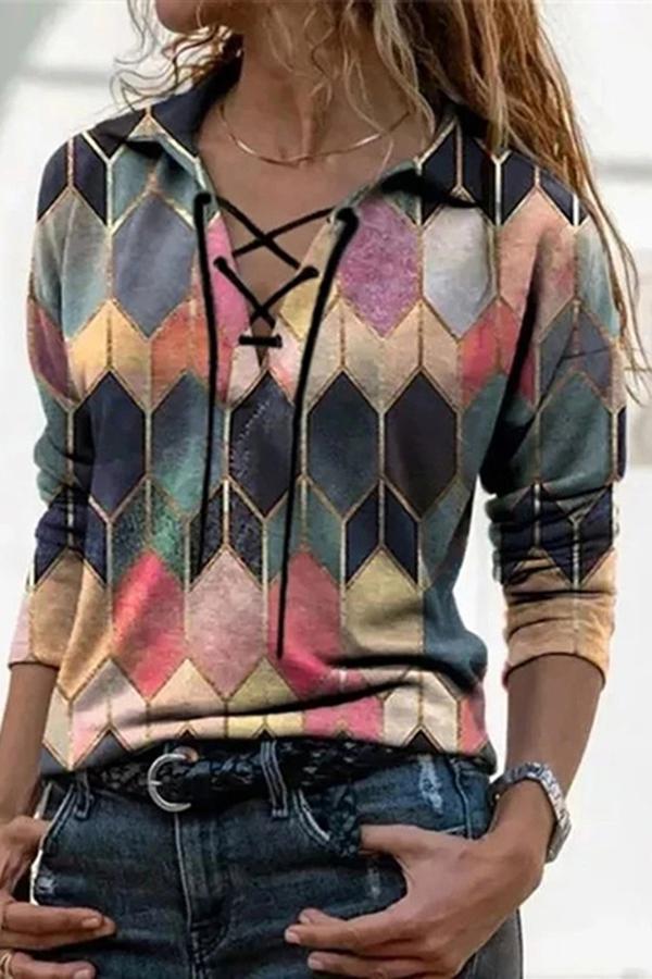 Casual Geometric Print Cross Belt V Neck Top