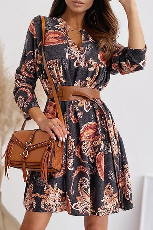 Elegant Abstract Print V Neck Belt Dress