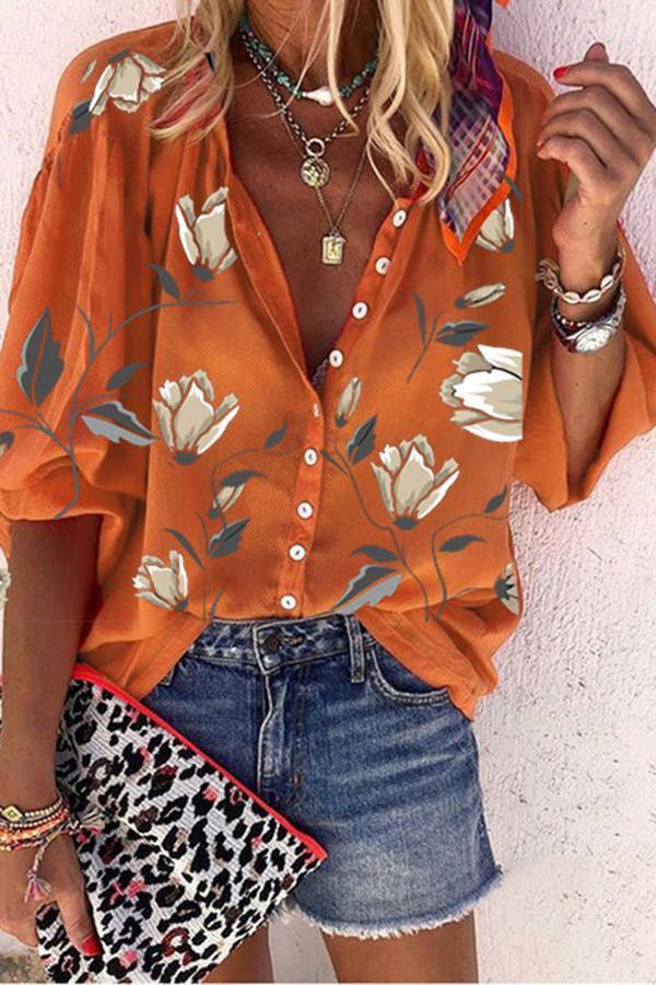 Casual Baggy Flower Print Buttons Top