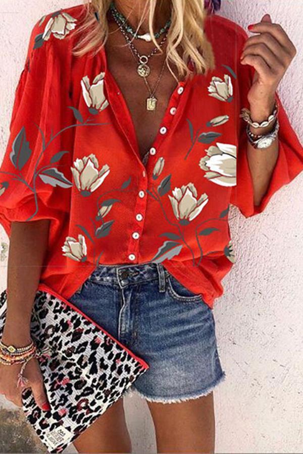 Casual Baggy Flower Print Buttons Top