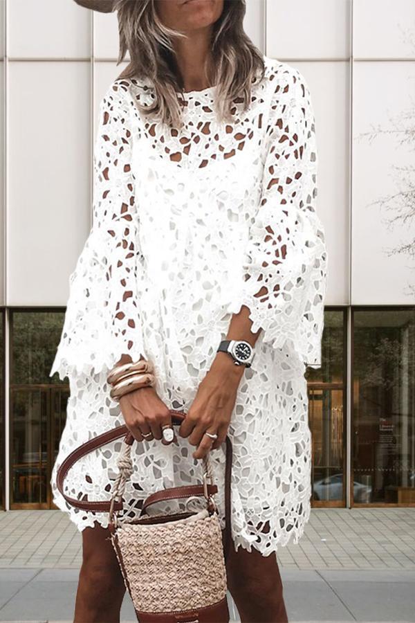 Temperament Lace Hollow Flared Sleeves Dress