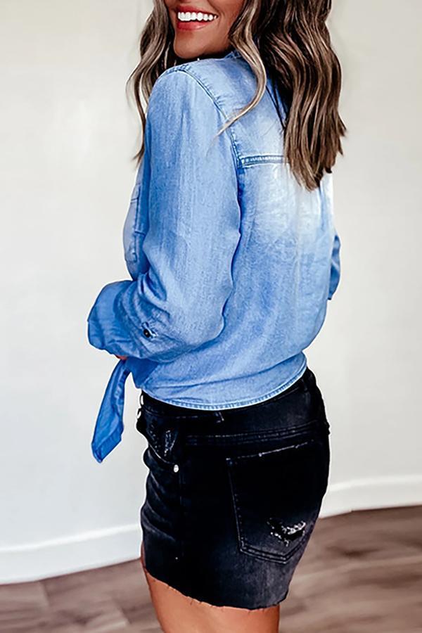 Fashion Blue Knotted Button Denim Shirt