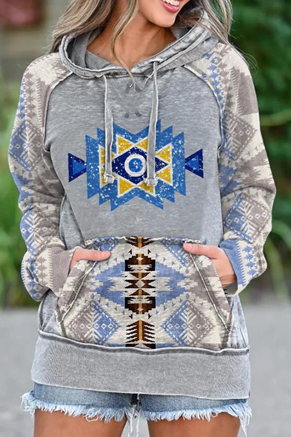 Casual Folk-custom Print Patchwork Hooded Sweater