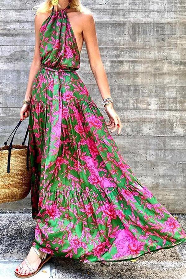 Fashion Halter Sexy Printed Long Dress