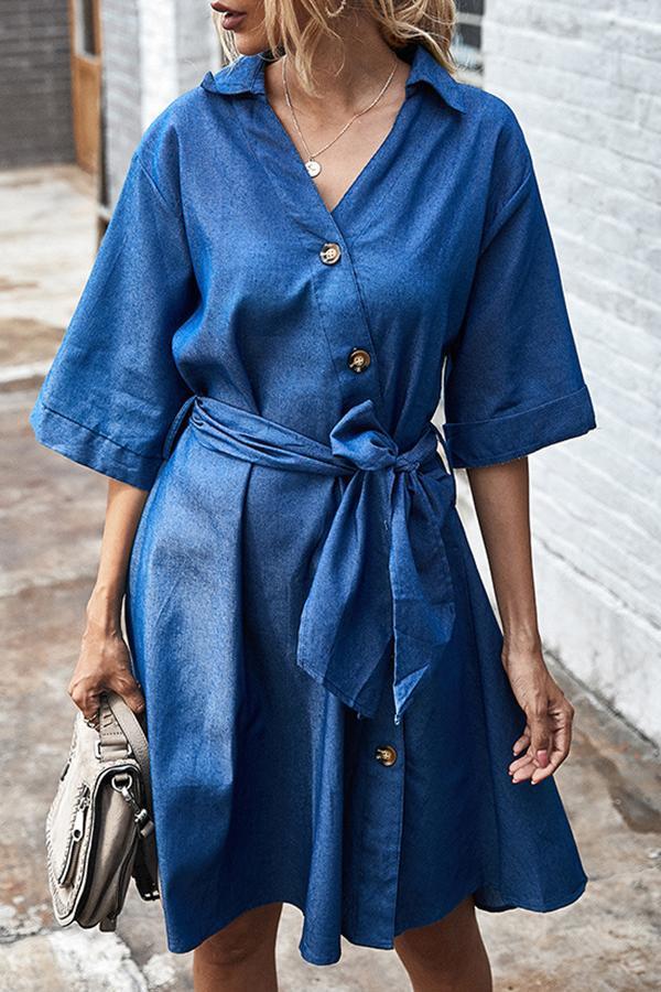 Glamorous Elegant Solid Color Belt V Neck Denim Dress