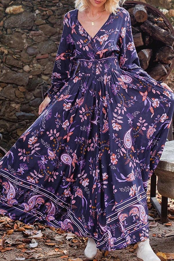 Charming Temperament Floral Print V Neck Maxi Dress