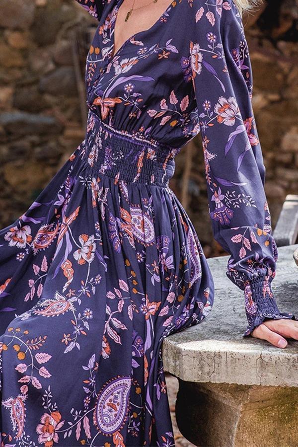 Charming Temperament Floral Print V Neck Maxi Dress