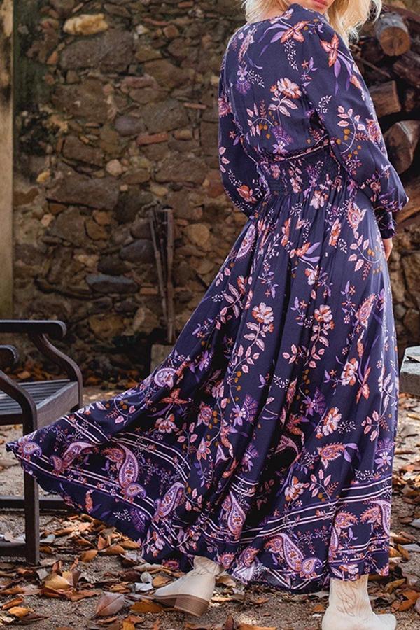 Charming Temperament Floral Print V Neck Maxi Dress