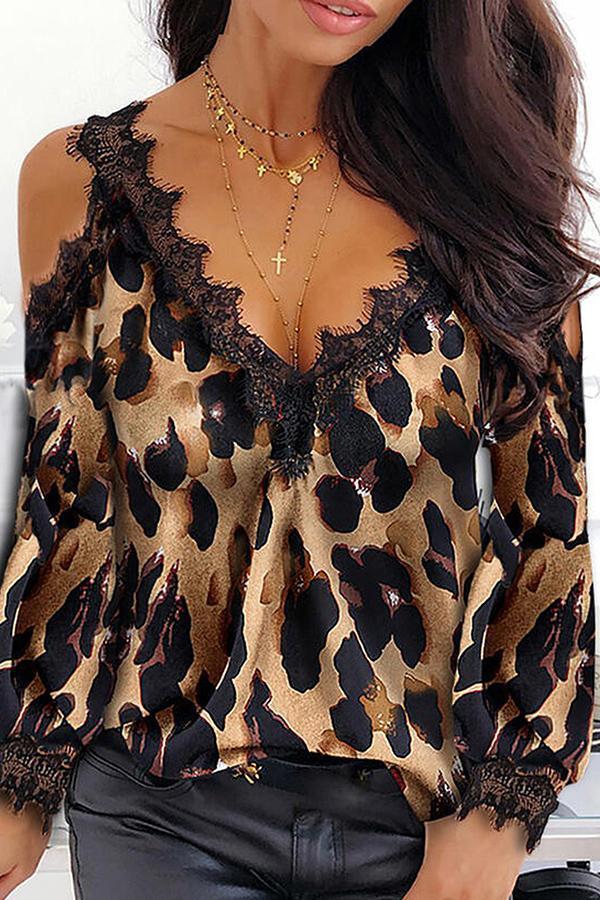 Stylish Leopard Print Lace Patchwork Strapless Blouses