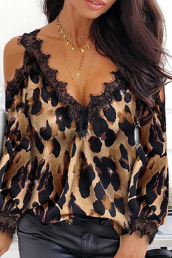 Stylish Leopard Print Lace Patchwork Strapless Blouses