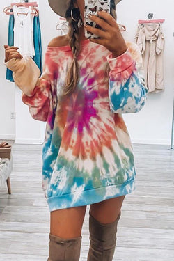 Trendy Tie-dye Colorful Round-neck Long Sweater