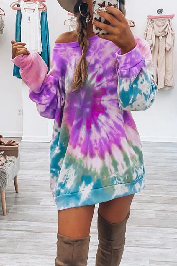 Trendy Tie-dye Colorful Round-neck Long Sweater