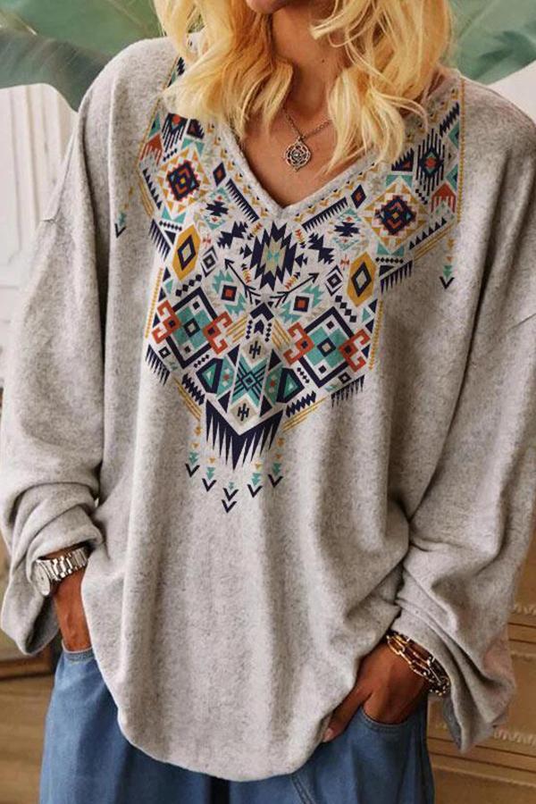 Casual Ethnic V-neck Long-sleeved Loose T-shirt