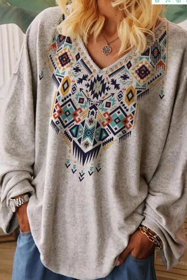 Casual Ethnic V-neck Long-sleeved Loose T-shirt