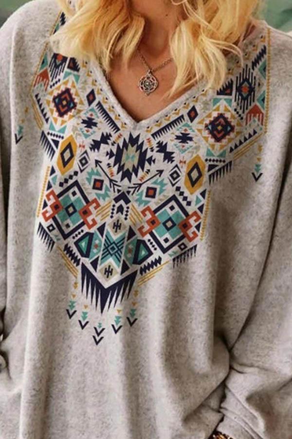 Casual Ethnic V-neck Long-sleeved Loose T-shirt