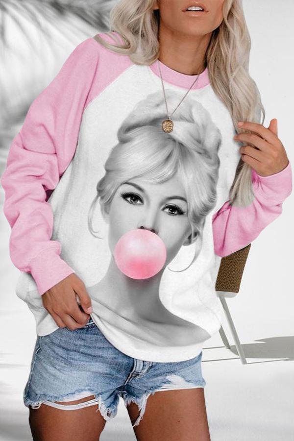 Casual Pink Round-necked Long-sleeved Hoody pullover