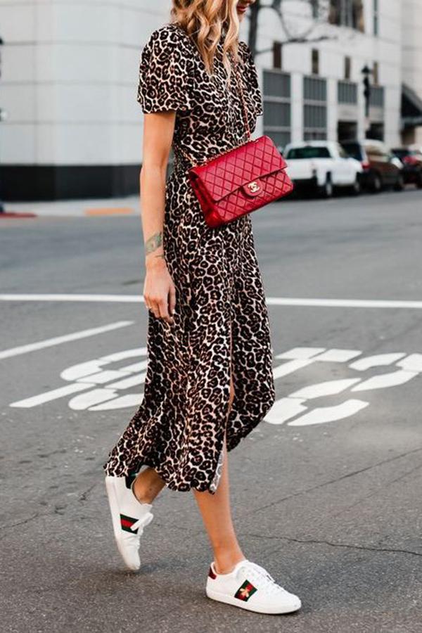 Retro Stylish Leopard Print Fork Opening Dress