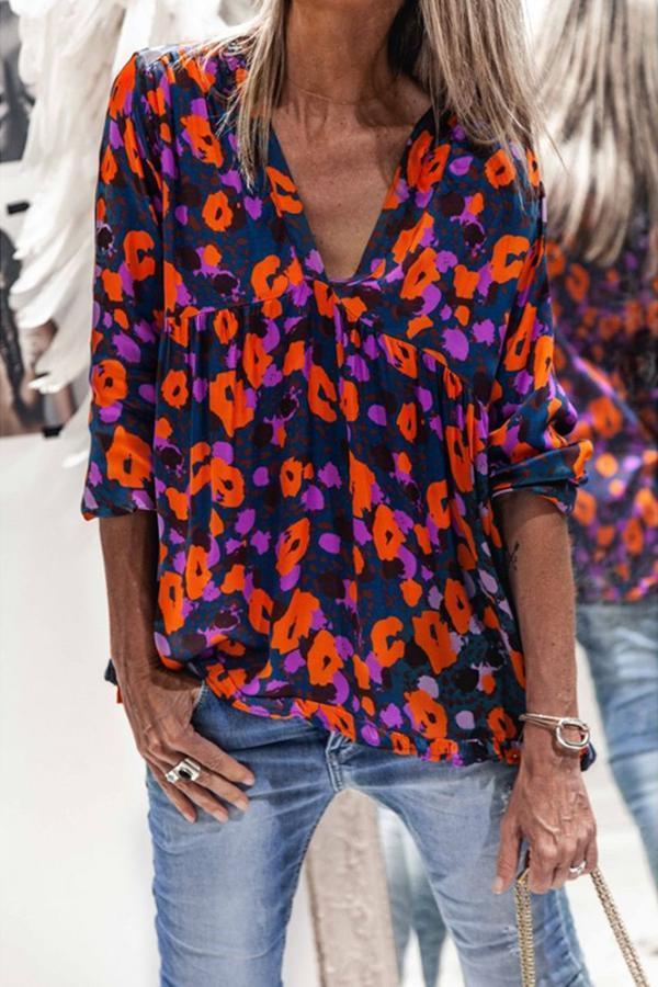 Stylish Floral Print V Neck Blouses