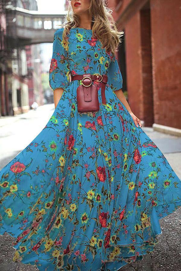 Chic Floral Print Belt Pockets Dress