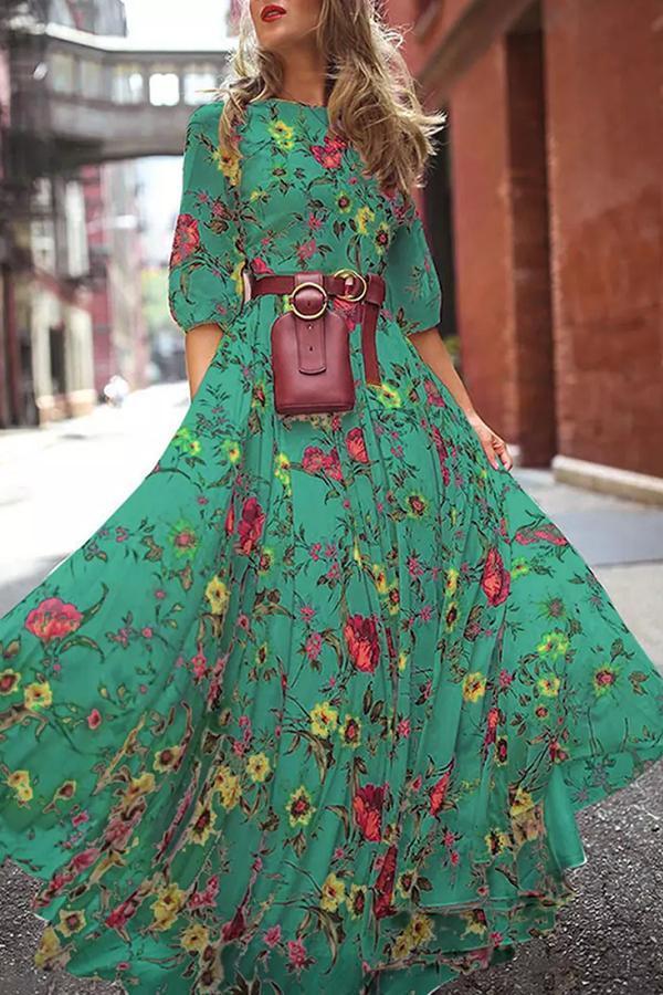 Chic Floral Print Belt Pockets Dress