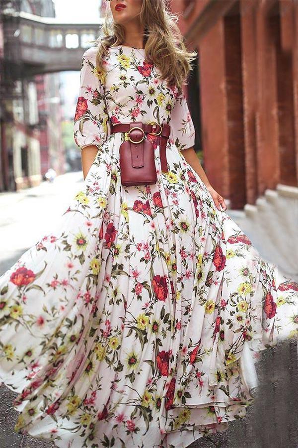 Chic Floral Print Belt Pockets Dress