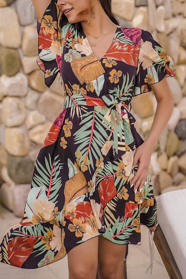 Irregular Floral Leaf Print Dress