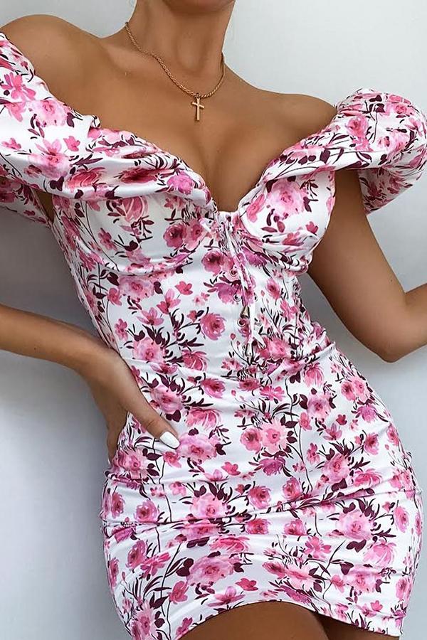 Striking Detailed Sleeves Floral Print Dress