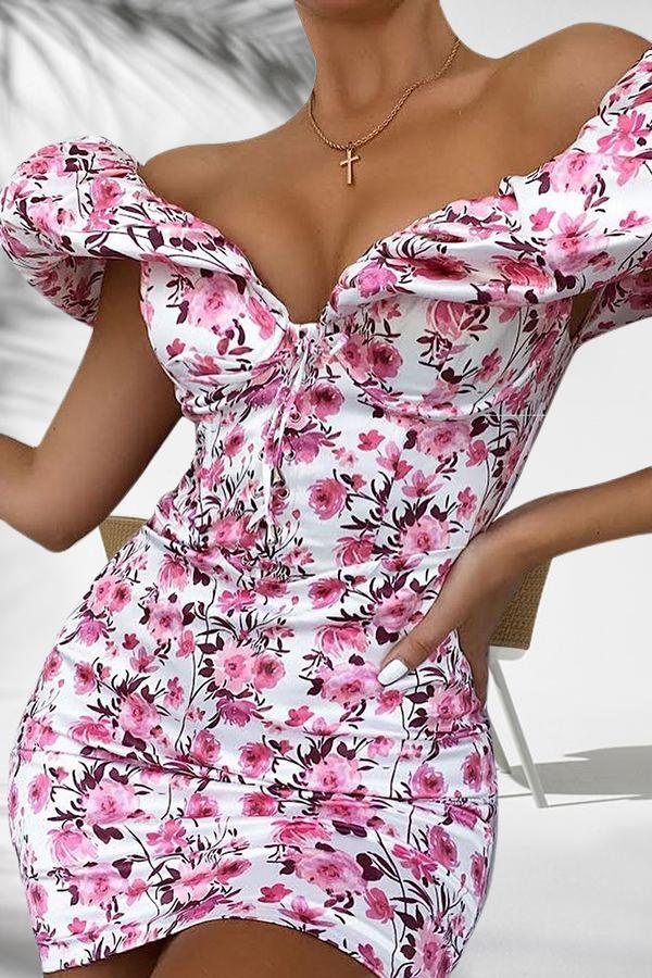 Striking Detailed Sleeves Floral Print Dress