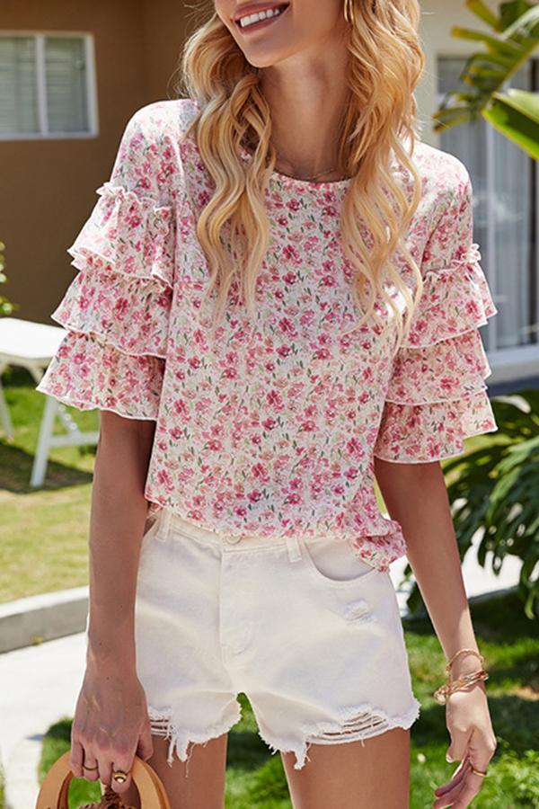 Girly Flared Sleeves Floral Print Shirts