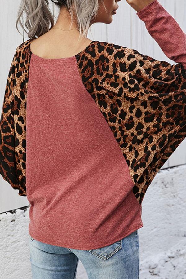 Stylish Batwing Sleeves Leopard Print Contrast Shirt