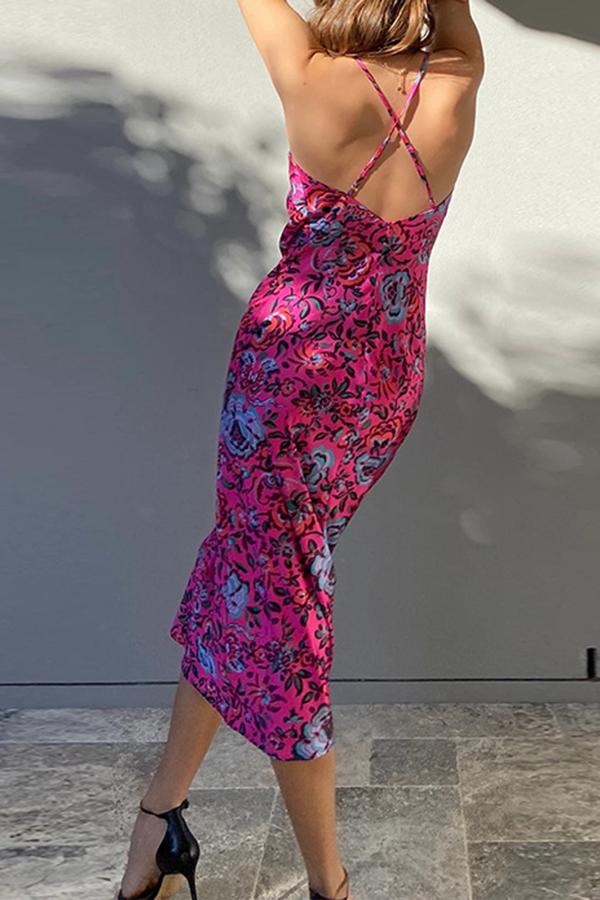 Pretty Slim Backless Floral Print Dress