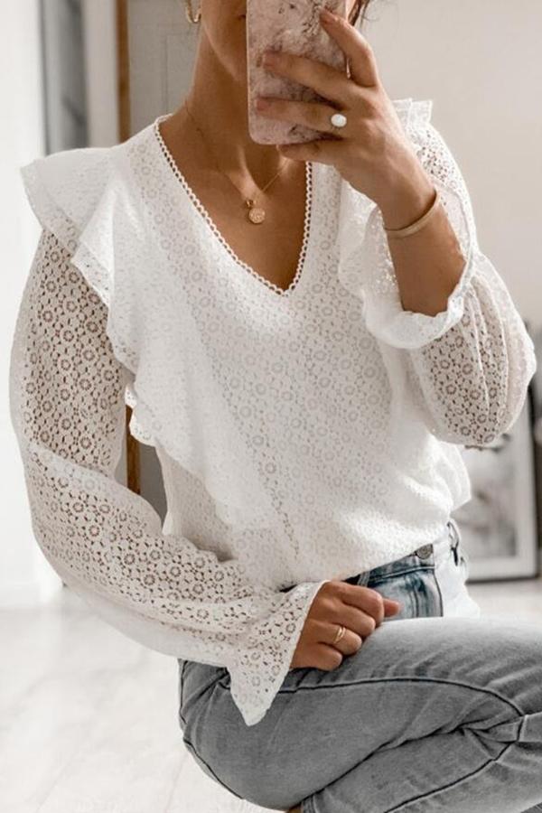 Sweet Hollow Lace Flounce Sleeves Blouse