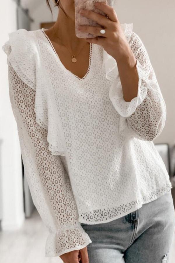 Sweet Hollow Lace Flounce Sleeves Blouse