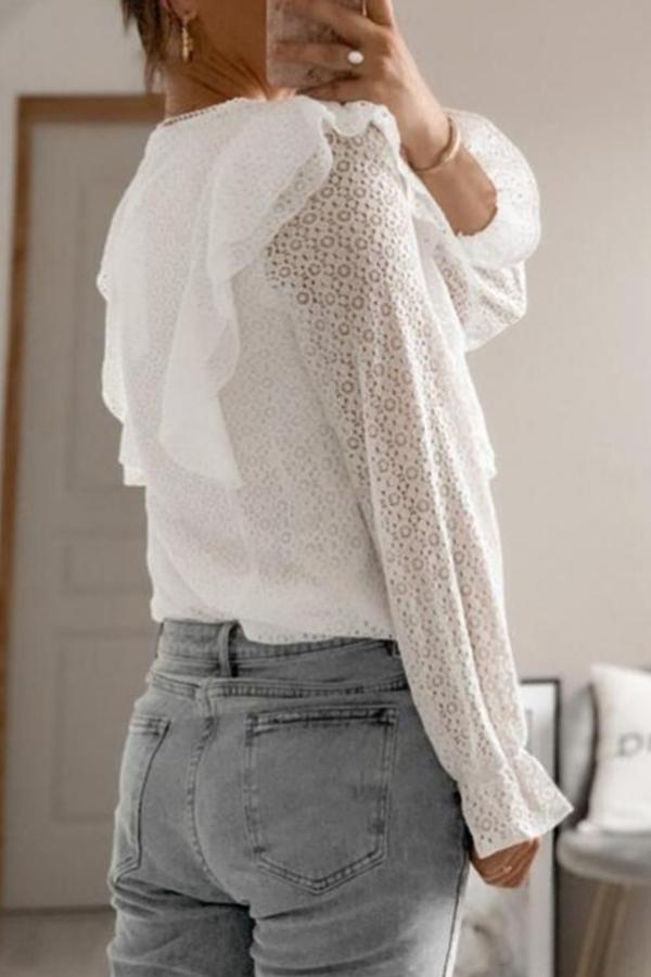 Sweet Hollow Lace Flounce Sleeves Blouse