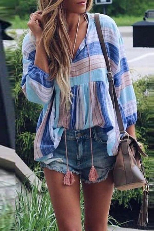 Ethnic V-neck Flared-sleeved Fringed Loose T-shirt