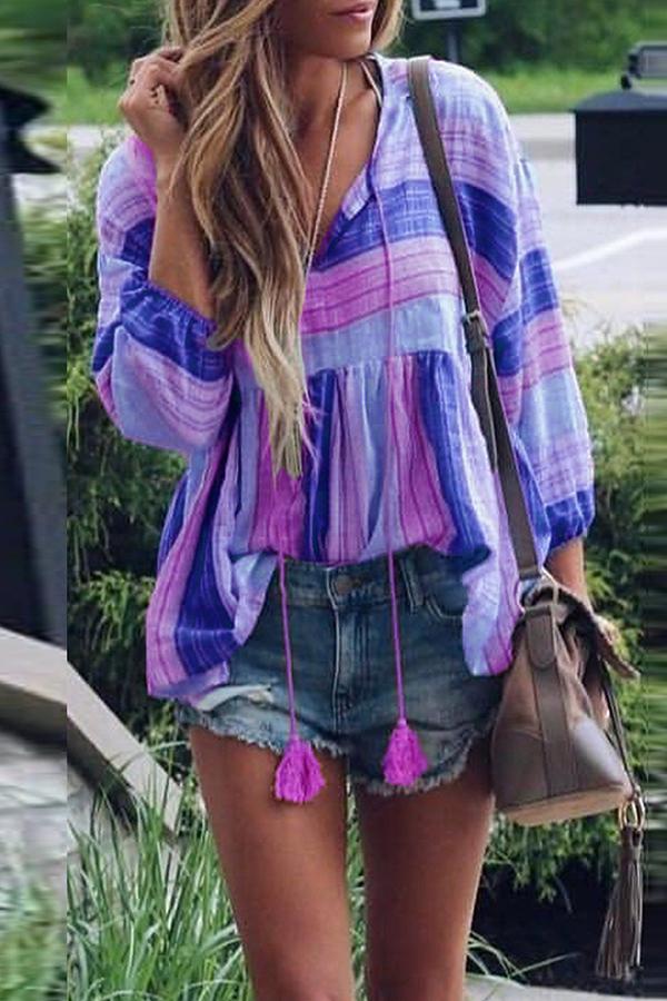 Ethnic V-neck Flared-sleeved Fringed Loose T-shirt