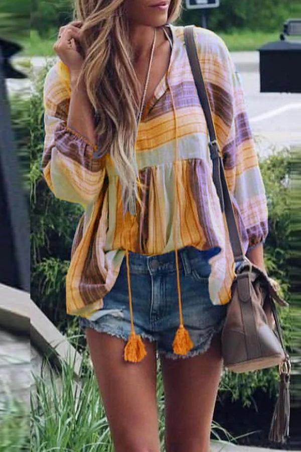 Ethnic V-neck Flared-sleeved Fringed Loose T-shirt